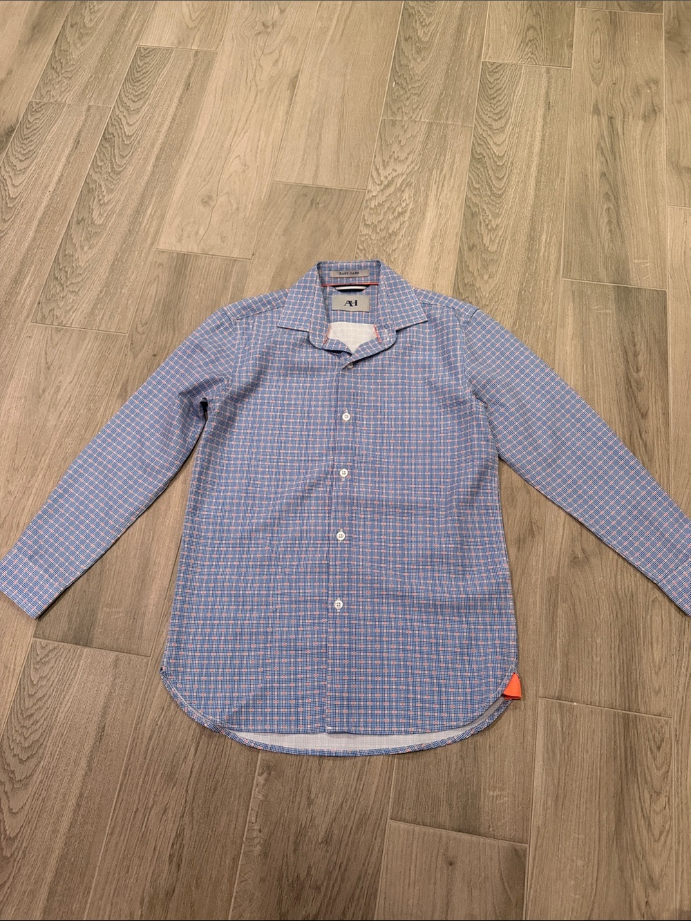 Easy Care Boys Blue and Orange Checked Long-Sleeve Cotton Shirt Size 10